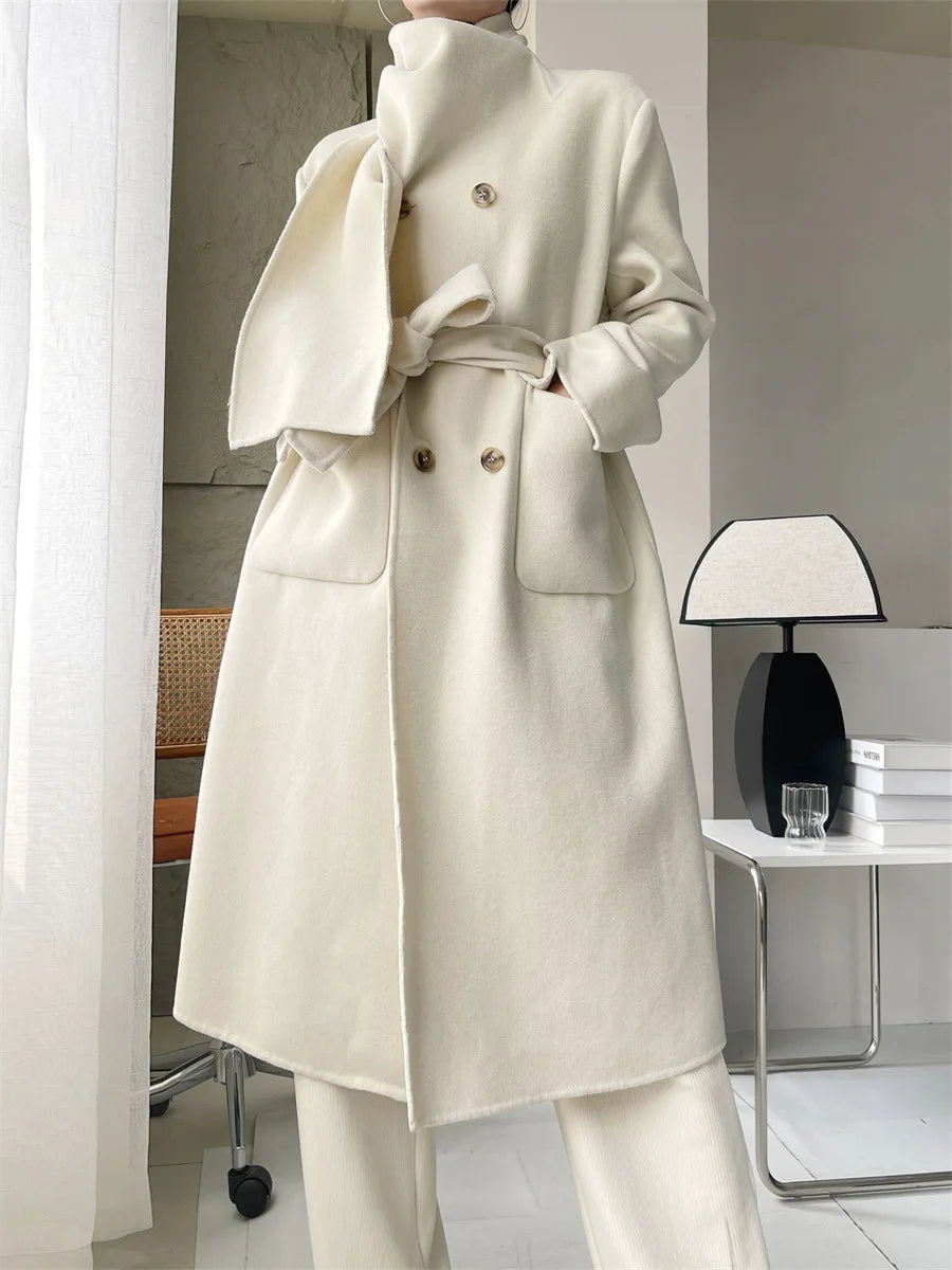 Casual Scarf Collar Design Double Breasted Full Sleeve Two Sided Wool Long Coat
