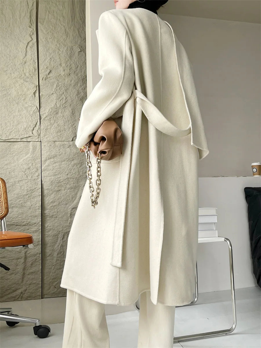 Casual Scarf Collar Design Double Breasted Full Sleeve Two Sided Wool Long Coat