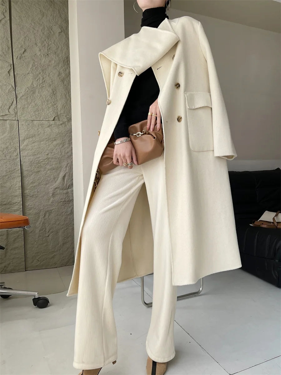 Casual Scarf Collar Design Double Breasted Full Sleeve Two Sided Wool Long Coat