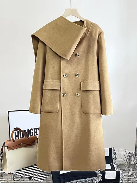 Casual Scarf Collar Design Double Breasted Full Sleeve Two Sided Wool Long Coat