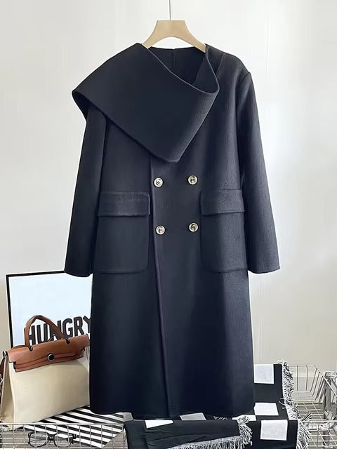 Casual Scarf Collar Design Double Breasted Full Sleeve Two Sided Wool Long Coat