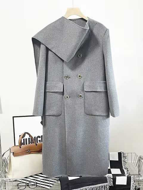 Casual Scarf Collar Design Double Breasted Full Sleeve Two Sided Wool Long Coat