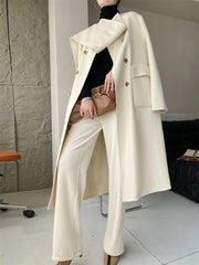 Casual Scarf Collar Design Double Breasted Full Sleeve Two Sided Wool Long Coat