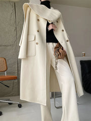 Casual Scarf Collar Design Double Breasted Full Sleeve Two Sided Wool Long Coat