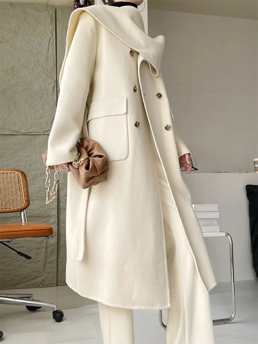 Casual Scarf Collar Design Double Breasted Full Sleeve Two Sided Wool Long Coat