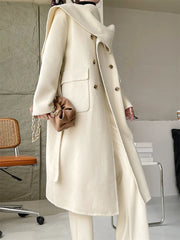 Casual Scarf Collar Design Double Breasted Full Sleeve Two Sided Wool Long Coat