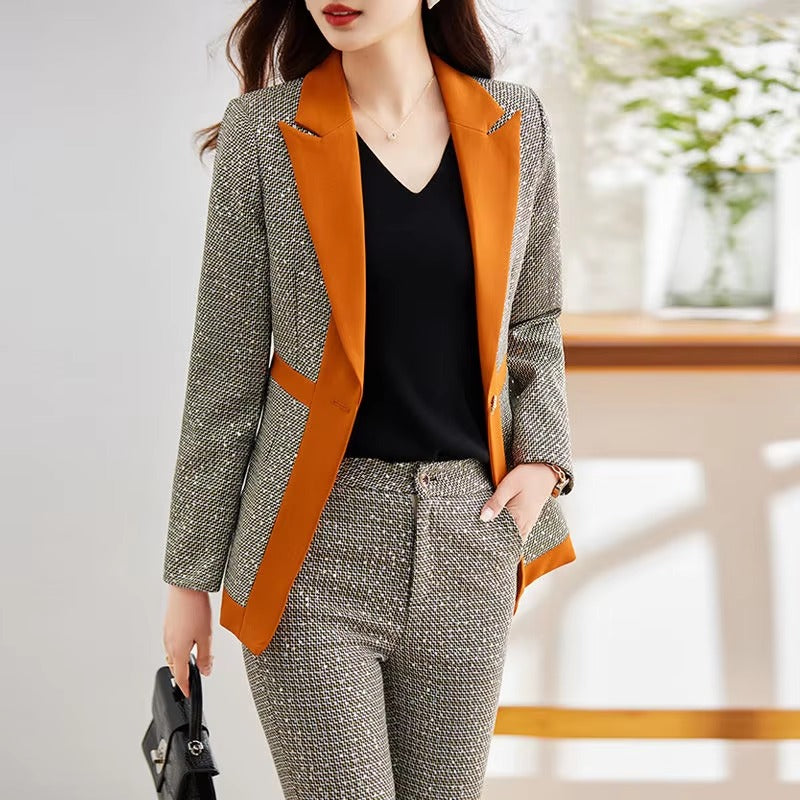 Casual Sequin Plaid Flare pant Full Sleeve Blazers Jacket Matching Two Piece Pants Suit