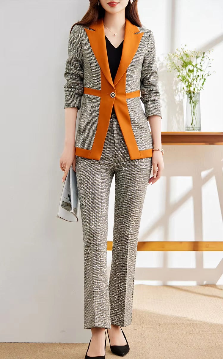 Casual Sequin Plaid Flare pant Full Sleeve Blazers Jacket Matching Two Piece Pants Suit