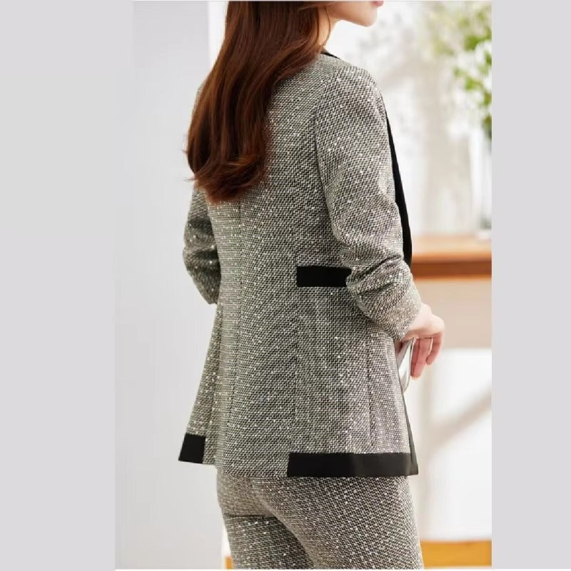 Casual Sequin Plaid Flare pant Full Sleeve Blazers Jacket Matching Two Piece Pants Suit