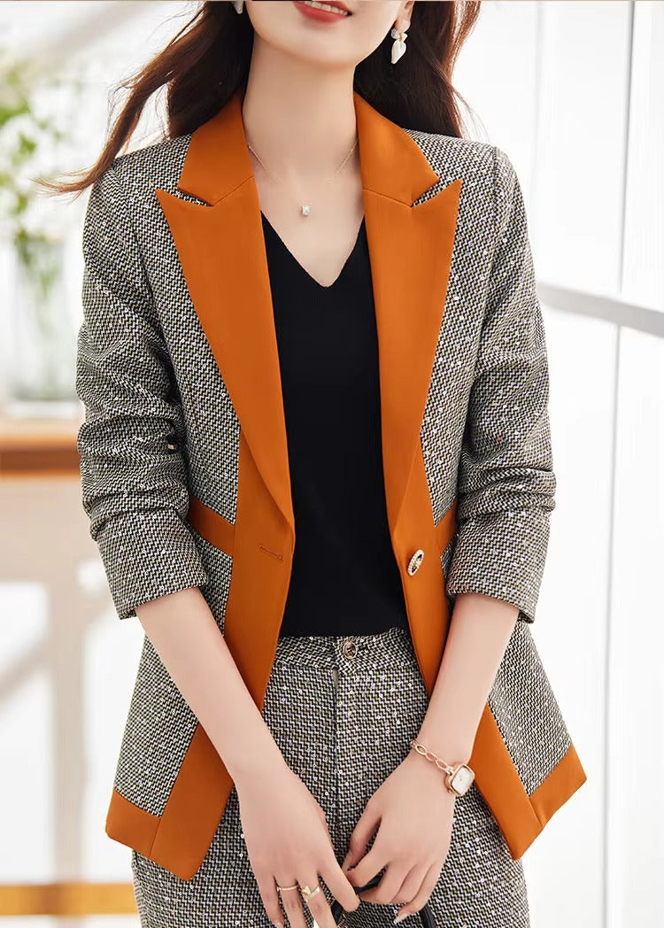 Casual Sequin Plaid Flare pant Full Sleeve Blazers Jacket Matching Two Piece Pants Suit