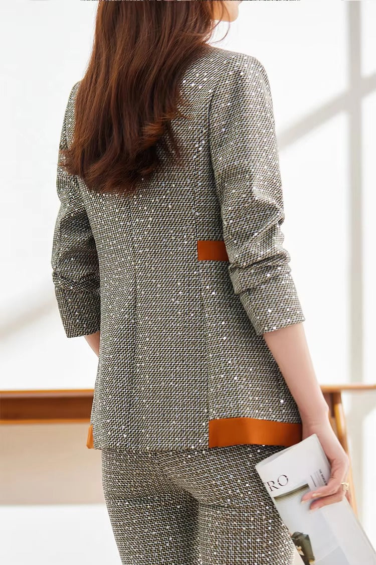 Casual Sequin Plaid Flare pant Full Sleeve Blazers Jacket Matching Two Piece Pants Suit