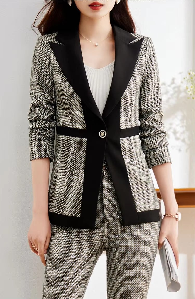 Casual Sequin Plaid Flare pant Full Sleeve Blazers Jacket Matching Two Piece Pants Suit