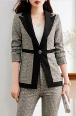 Casual Sequin Plaid Flare pant Full Sleeve Blazers Jacket Matching Two Piece Pants Suit