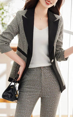 Casual Sequin Plaid Flare pant Full Sleeve Blazers Jacket Matching Two Piece Pants Suit