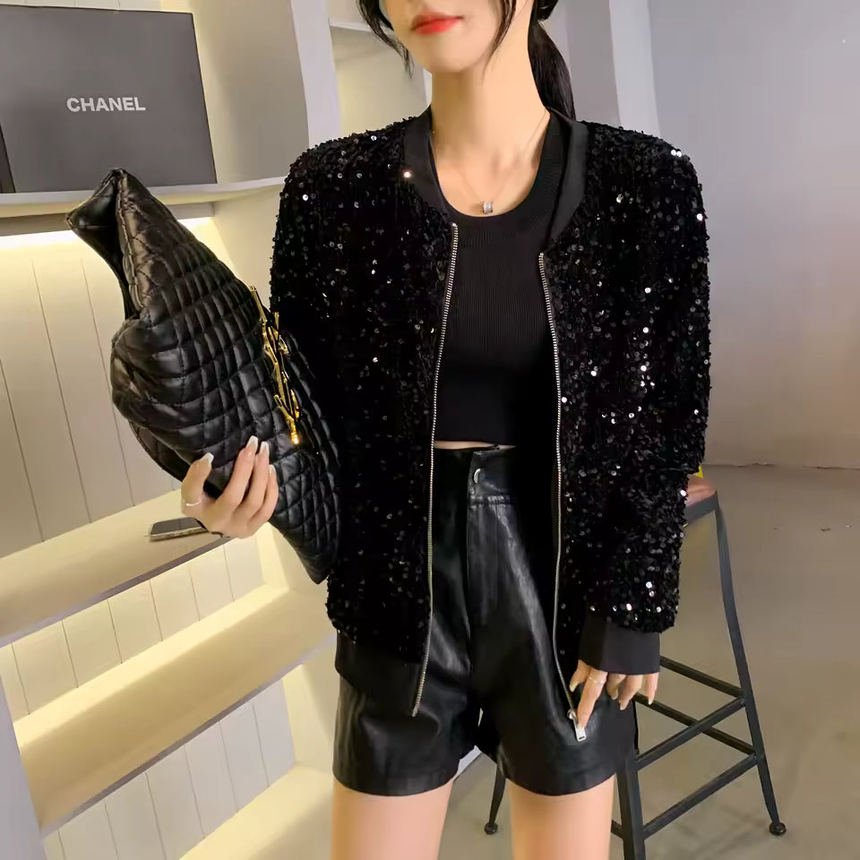 Casual Sequins Coat Long Sleeve Hand Made Bright Party Outerwear Zipper Shiny Jacket