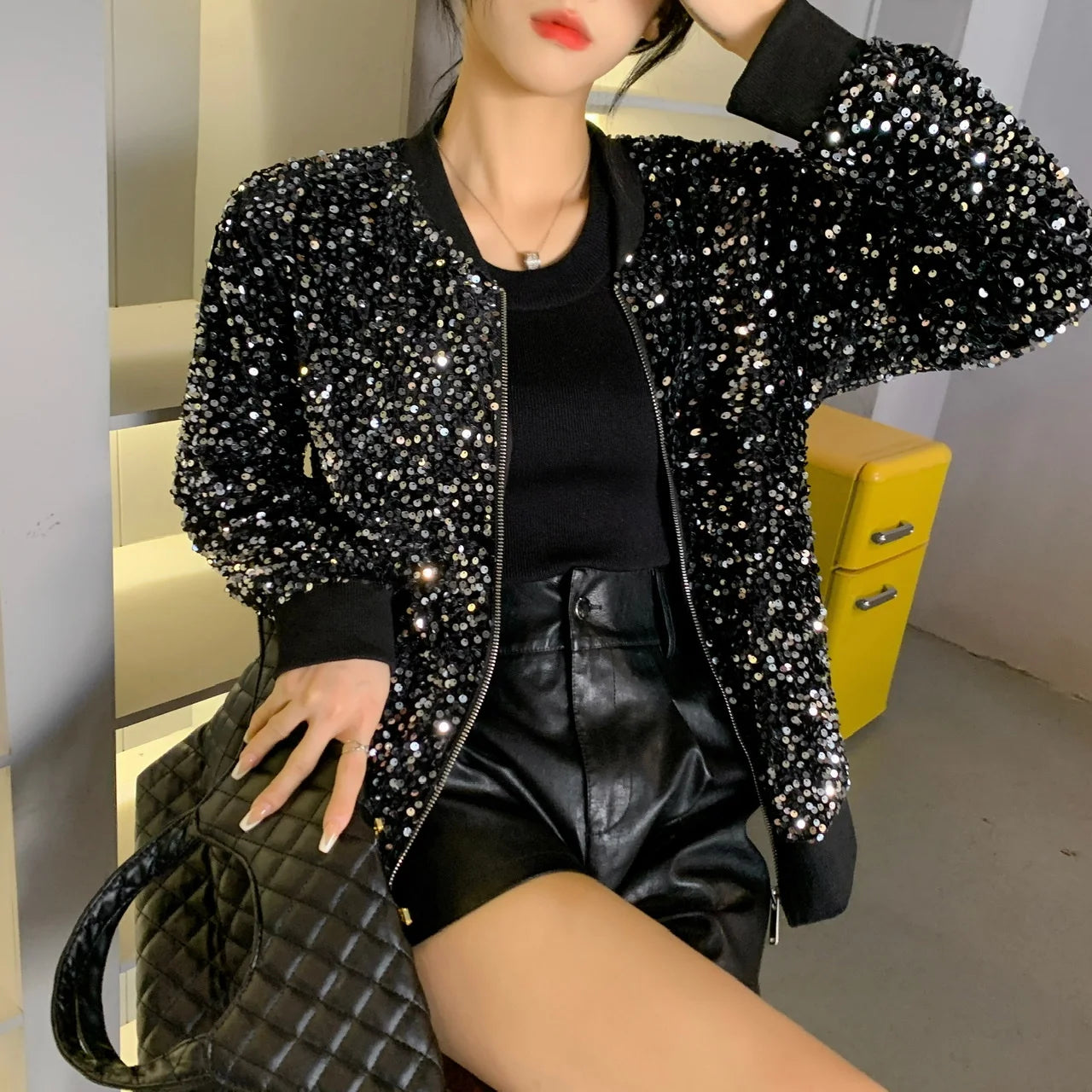 Casual Sequins Coat Long Sleeve Hand Made Bright Party Outerwear Zipper Shiny Jacket