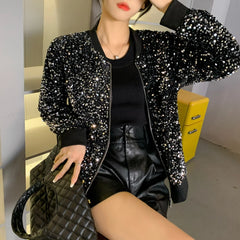 Casual Sequins Coat Long Sleeve Hand Made Bright Party Outerwear Zipper Shiny Jacket