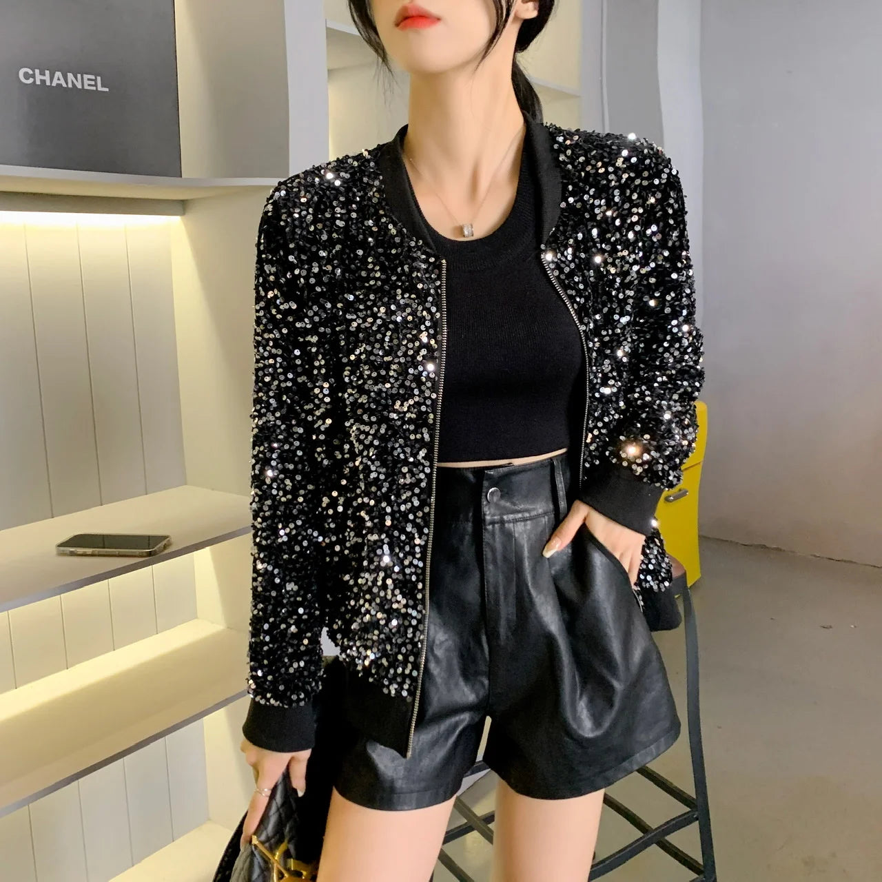 Casual Sequins Coat Long Sleeve Hand Made Bright Party Outerwear Zipper Shiny Jacket