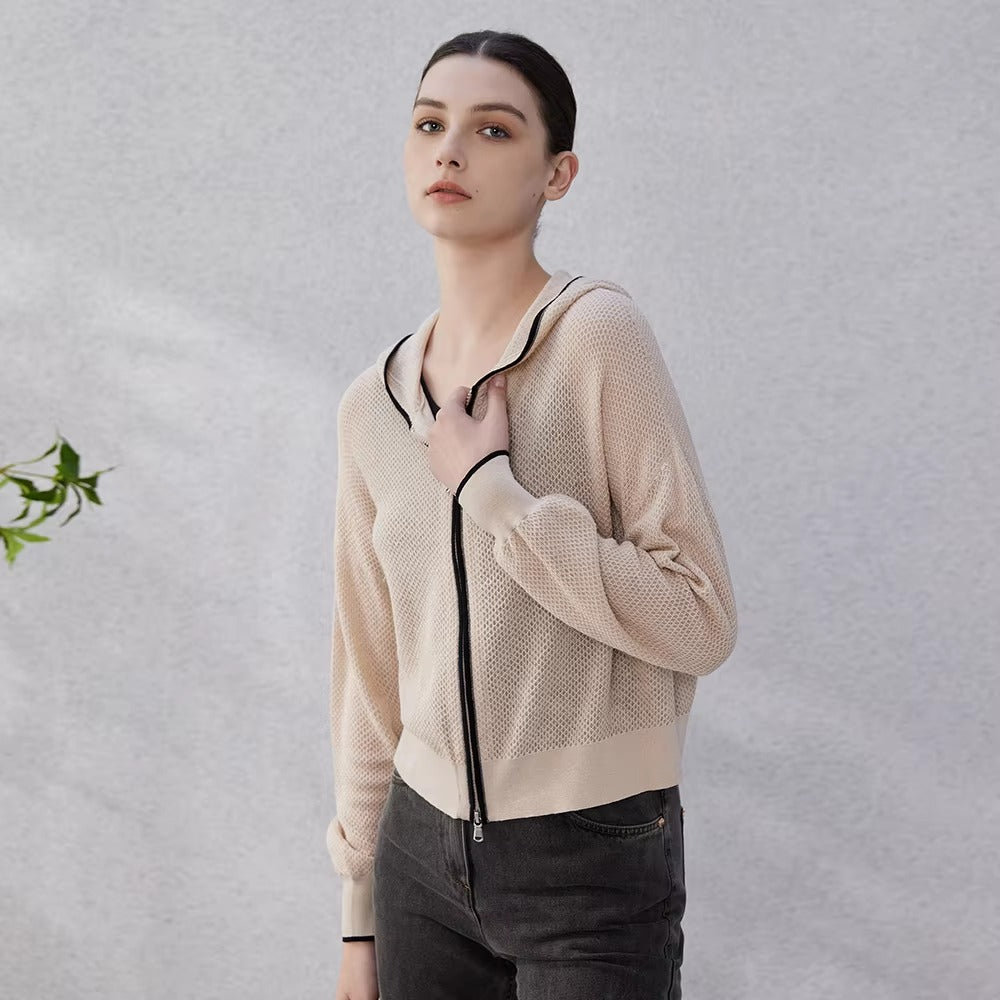 Casual Silk Knitted Hooded Long Sleeved High Quality Single Breasted Sweater