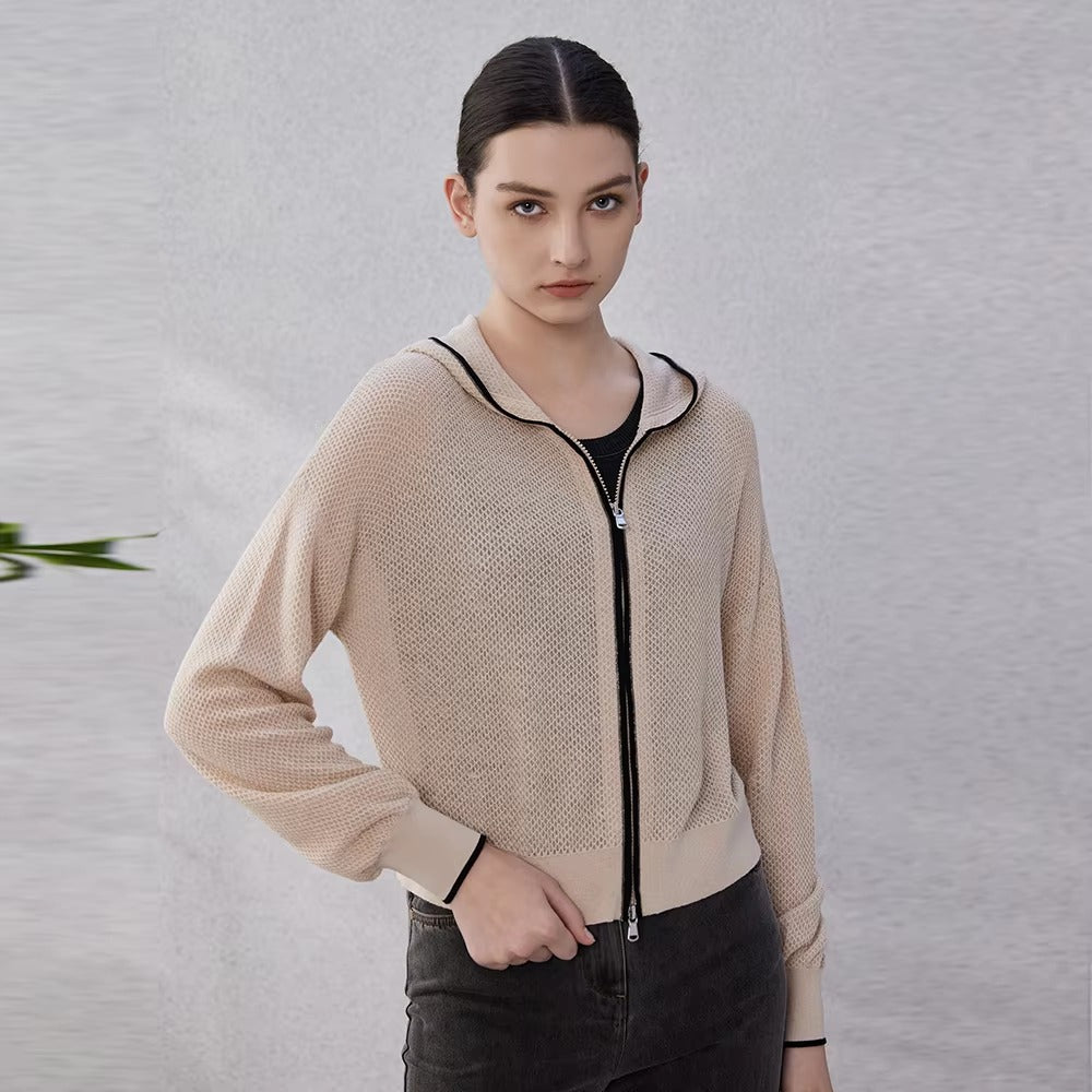 Casual Silk Knitted Hooded Long Sleeved High Quality Single Breasted Sweater