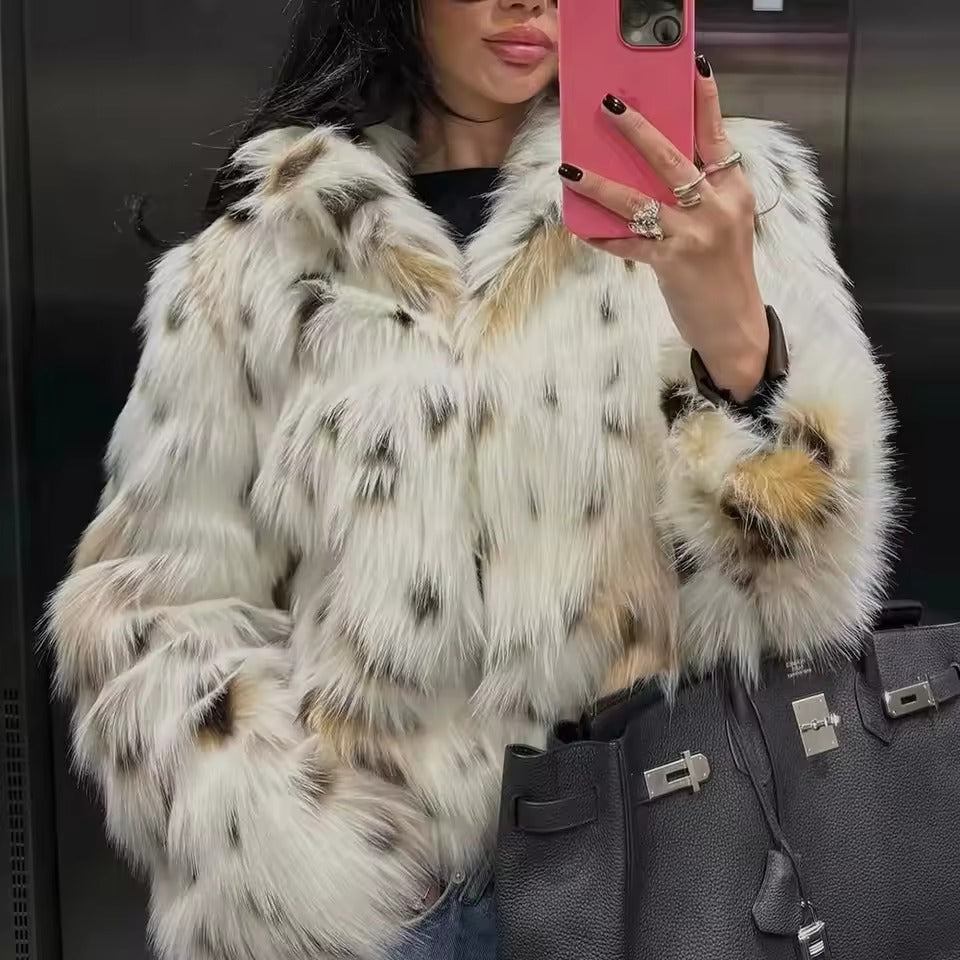 Casual Single Breasted Long Sleeve Leopard Loose Feather Jackets