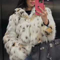 Casual Single Breasted Long Sleeve Leopard Loose Feather Jackets