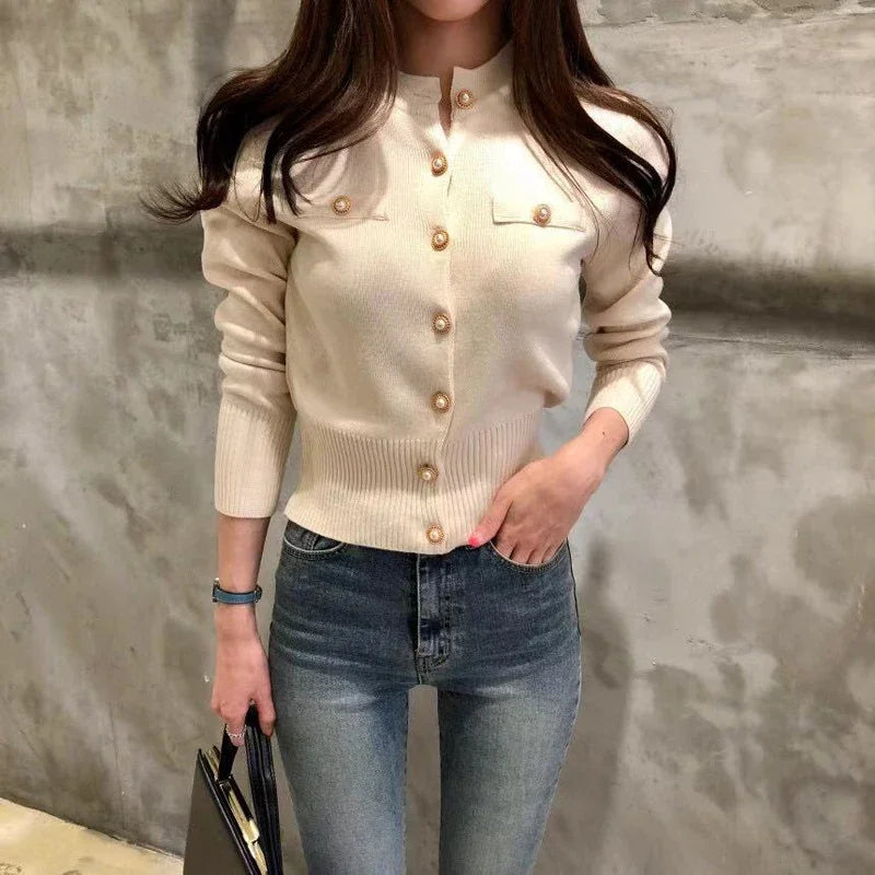 Casual Single Breasted Long Sleeve Sweater Knitted Slim Short Coat