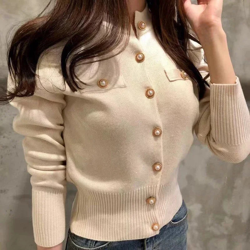 Casual Single Breasted Long Sleeve Sweater Knitted Slim Short Coat