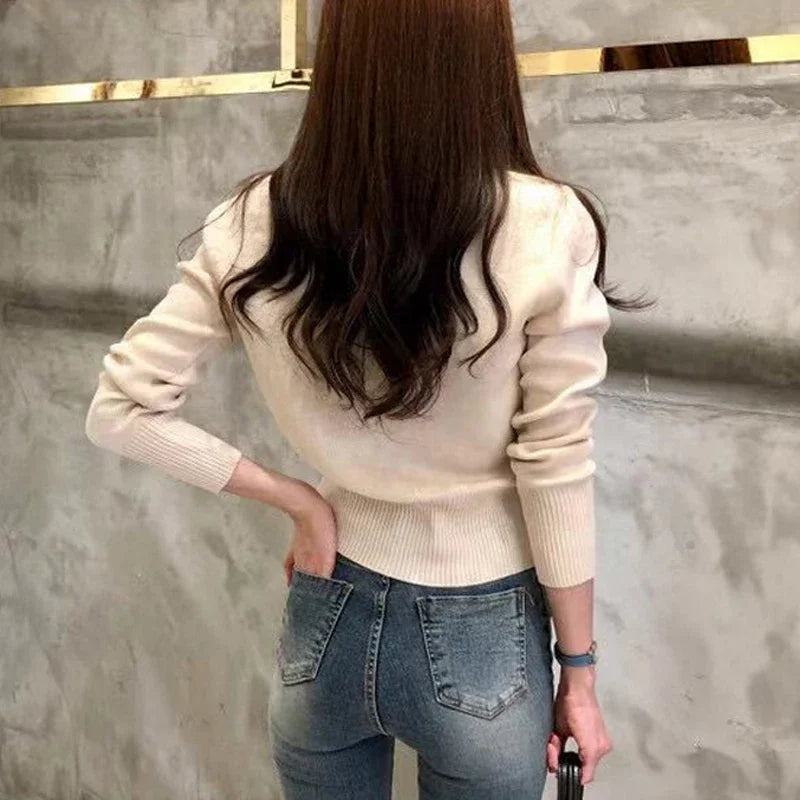 Casual Single Breasted Long Sleeve Sweater Knitted Slim Short Coat