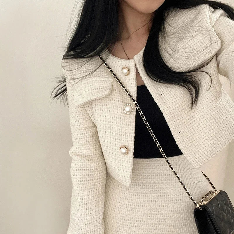 Casual Single Breasted Long Sleeved Coat A-line High Waist Mini Skirt Two-Piece Set
