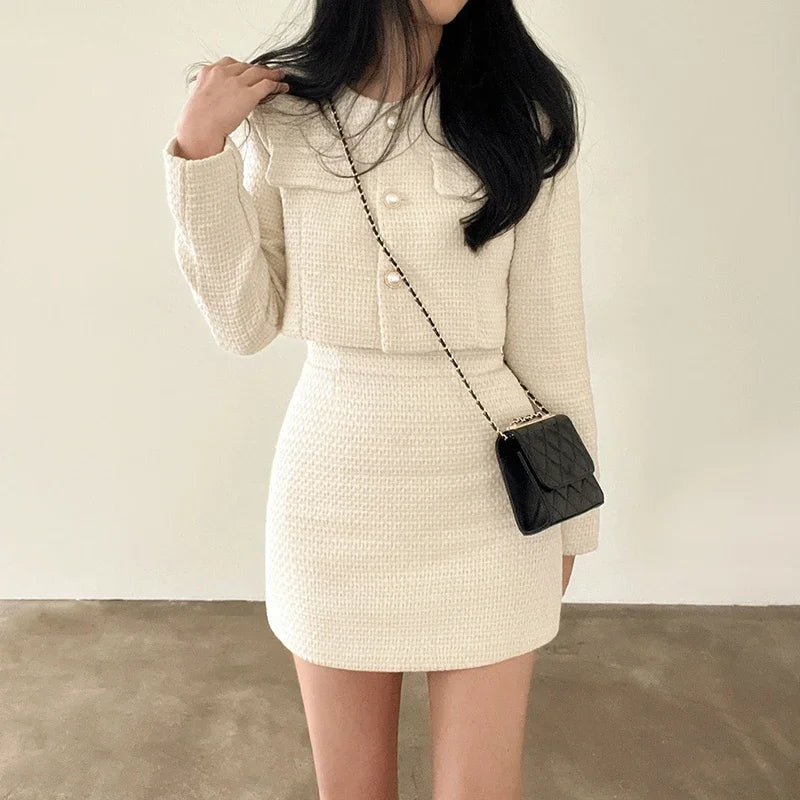 Casual Single Breasted Long Sleeved Coat A-line High Waist Mini Skirt Two-Piece Set