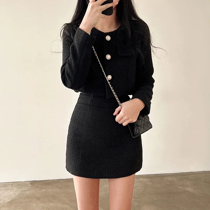 Casual Single Breasted Long Sleeved Coat A-line High Waist Mini Skirt Two-Piece Set