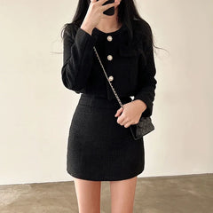 Casual Single Breasted Long Sleeved Coat A-line High Waist Mini Skirt Two-Piece Set
