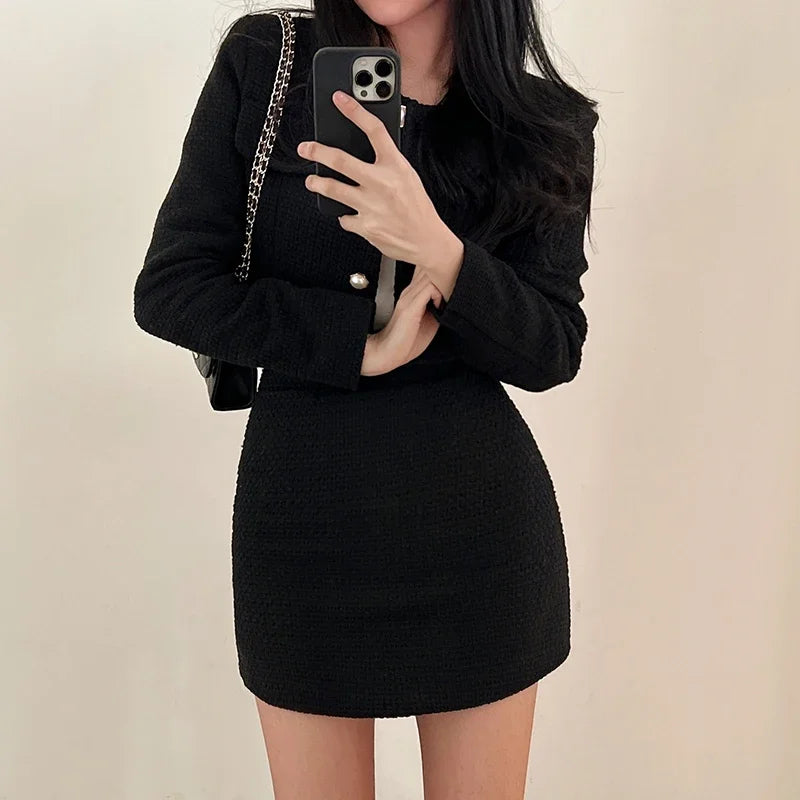 Casual Single Breasted Long Sleeved Coat A-line High Waist Mini Skirt Two-Piece Set