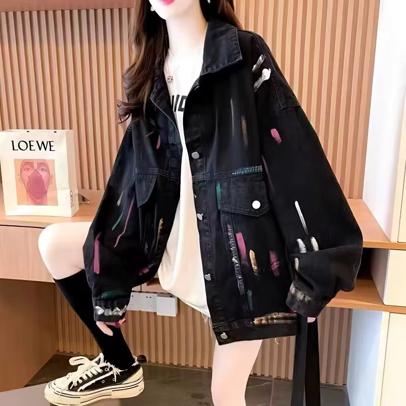 Casual Single Breasted Pocket Buttons Cardigan Printed Denim Jacket