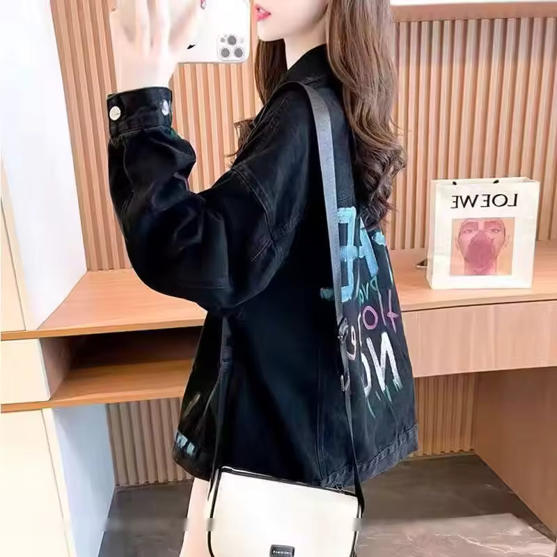 Casual Single Breasted Pocket Buttons Cardigan Printed Denim Jacket