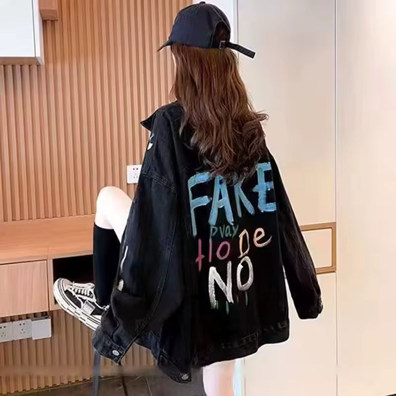 Casual Single Breasted Pocket Buttons Cardigan Printed Denim Jacket