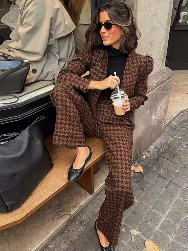 Casual Single Breasted Print Plaid Jacket Wide Leg Pants Sets