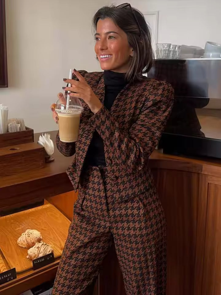 Casual Single Breasted Print Plaid Jacket Wide Leg Pants Sets