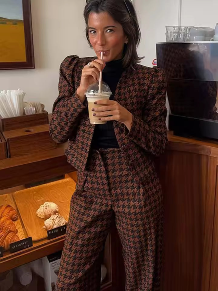 Casual Single Breasted Print Plaid Jacket Wide Leg Pants Sets