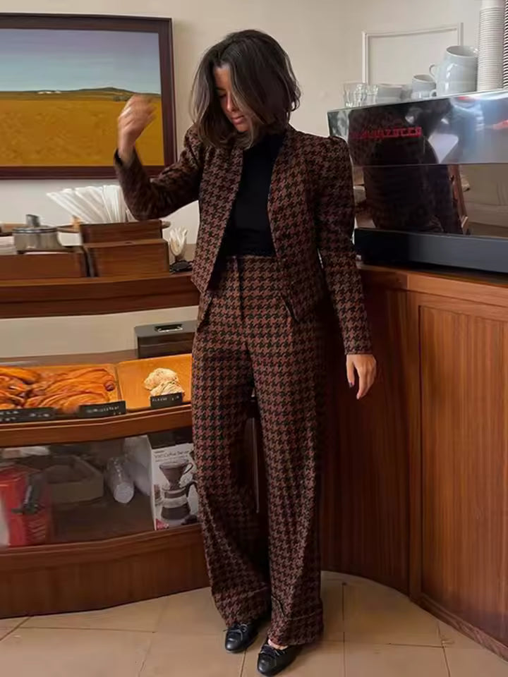 Casual Single Breasted Print Plaid Jacket Wide Leg Pants Sets