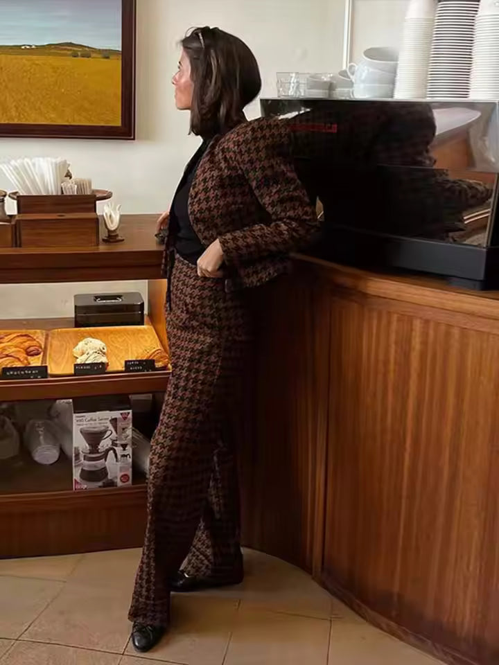 Casual Single Breasted Print Plaid Jacket Wide Leg Pants Sets