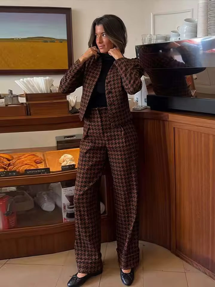 Casual Single Breasted Print Plaid Jacket Wide Leg Pants Sets