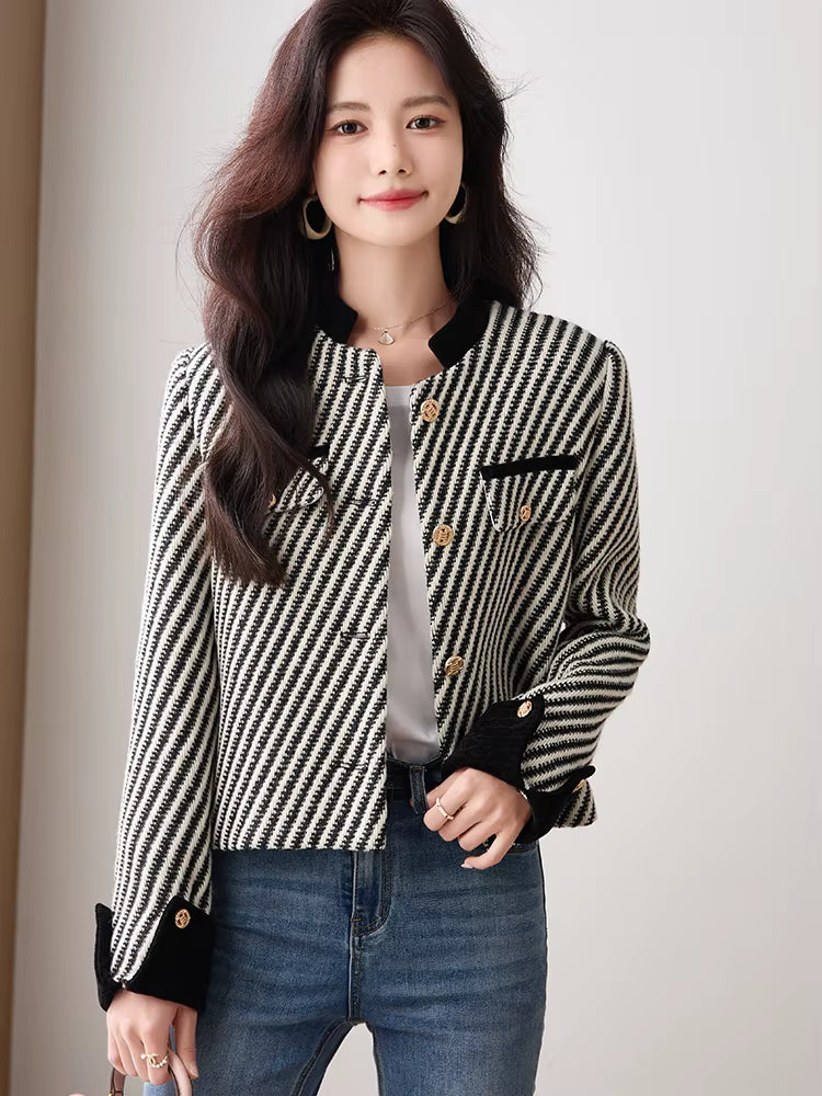 Casual Single Breasted Standard Long Sleeve Non Stretch Striped Blazer