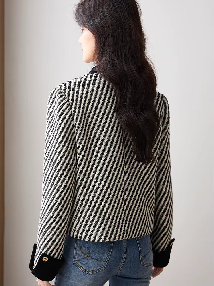 Casual Single Breasted Standard Long Sleeve Non Stretch Striped Blazer