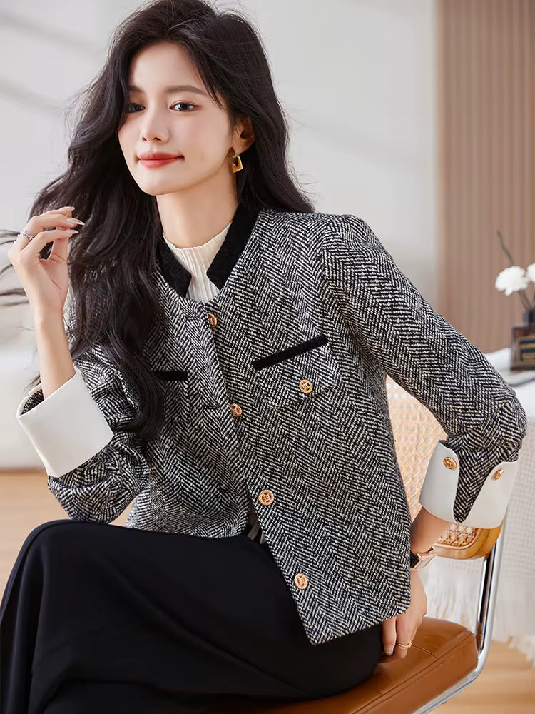 Elegant Single Breasted Standard Long Sleeve Non Stretch Striped Blazer