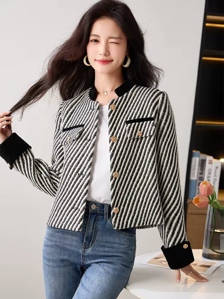Casual Single Breasted Standard Long Sleeve Non Stretch Striped Blazer