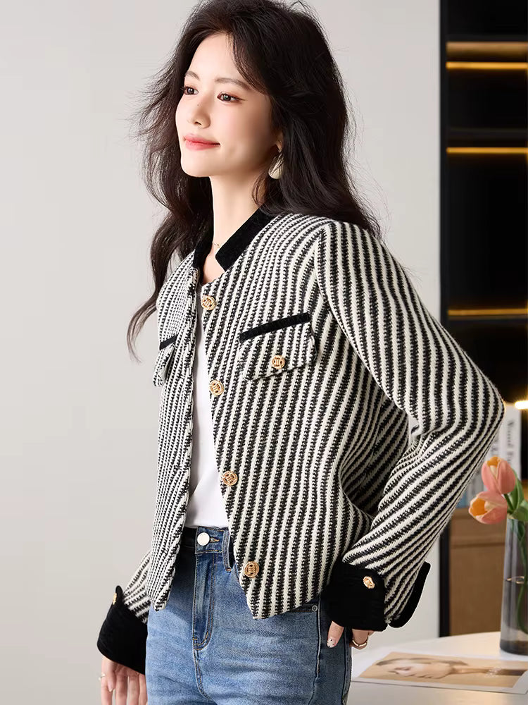 Casual Single Breasted Standard Long Sleeve Non Stretch Striped Blazer