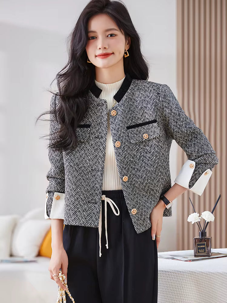 Elegant Single Breasted Standard Long Sleeve Non Stretch Striped Blazer