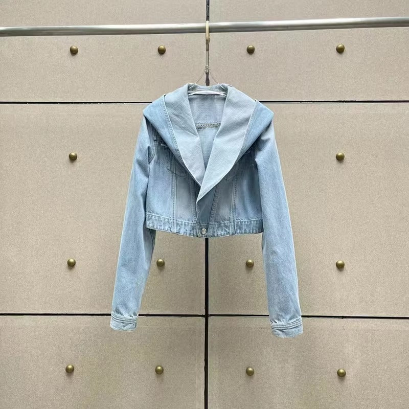Casual Single Breasted Turn-down Collar Hooded Denim Jacket